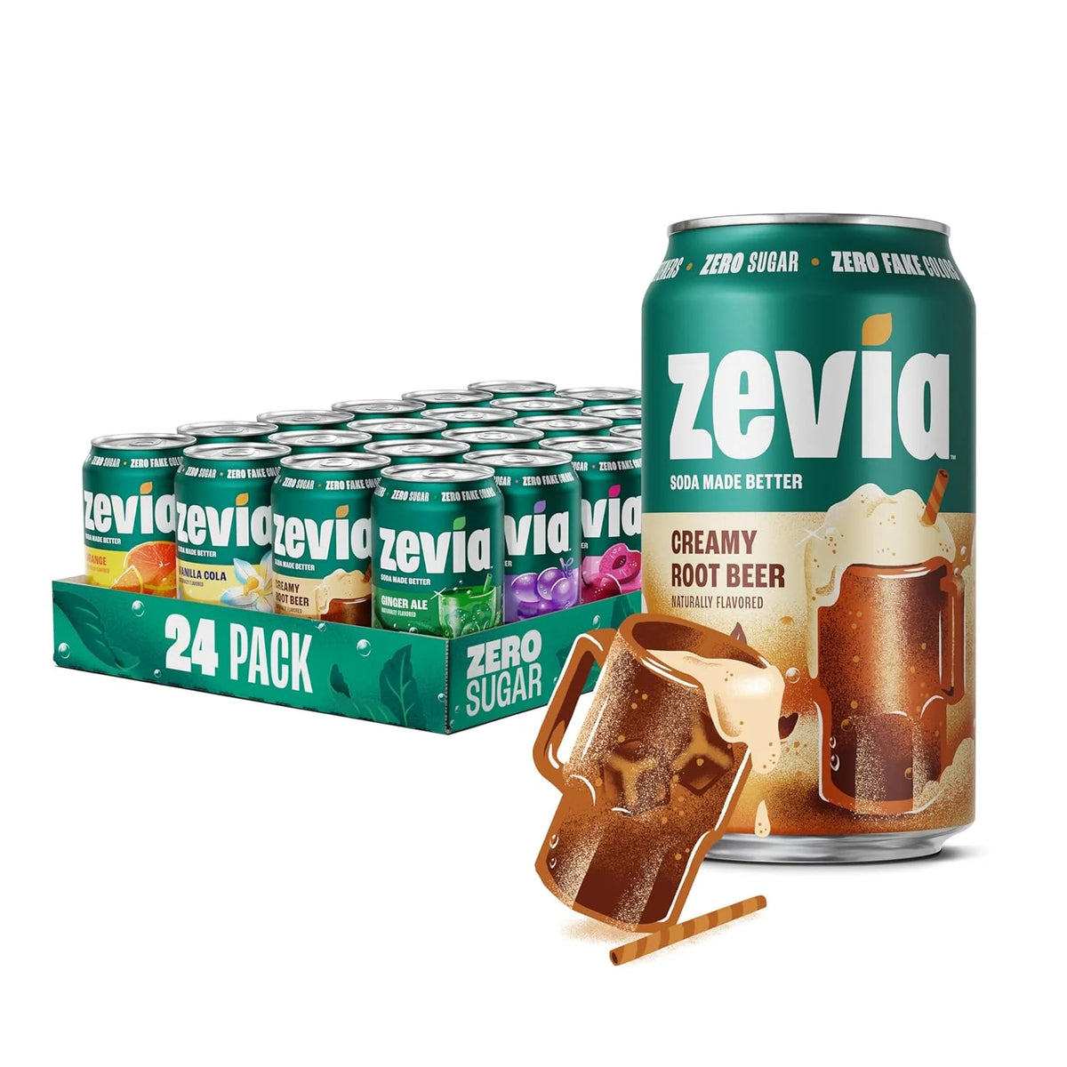 Zevia Zero Sugar Soda, Rainbow Variety Pack, 12 oz Cans (24-Pack) – Naturally Sweetened, Non-GMO Project Verified, Gluten-Free, Vegan