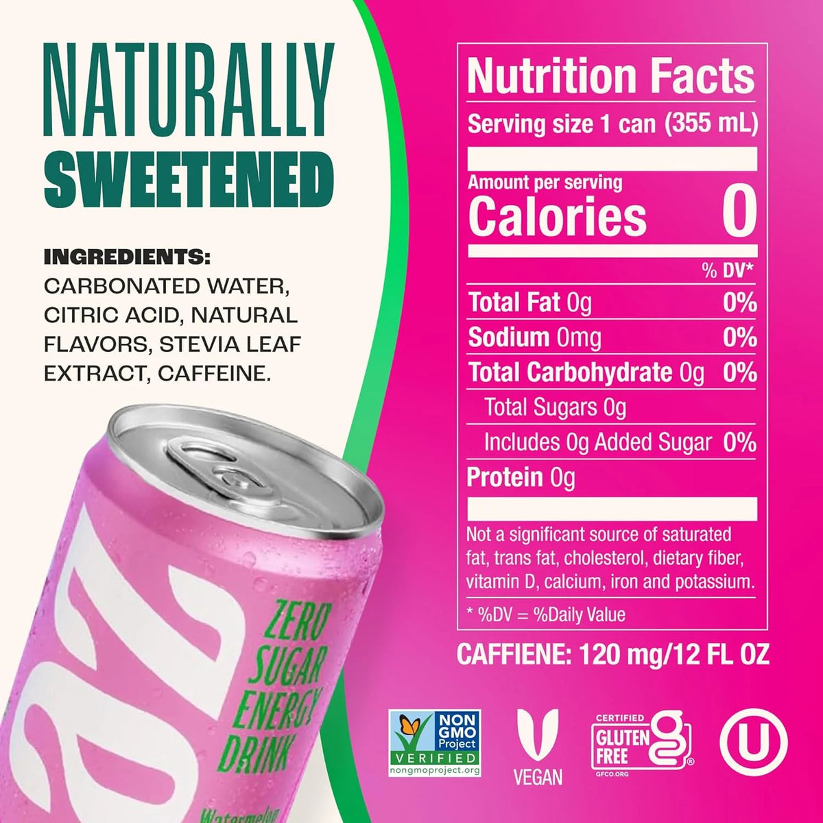 Zevia Zero Sugar Energy Drink, Watermelon, 12 oz Cans (12-Pack) – Naturally Sweetened, Non-GMO Project Verified, Gluten-Free, Vegan