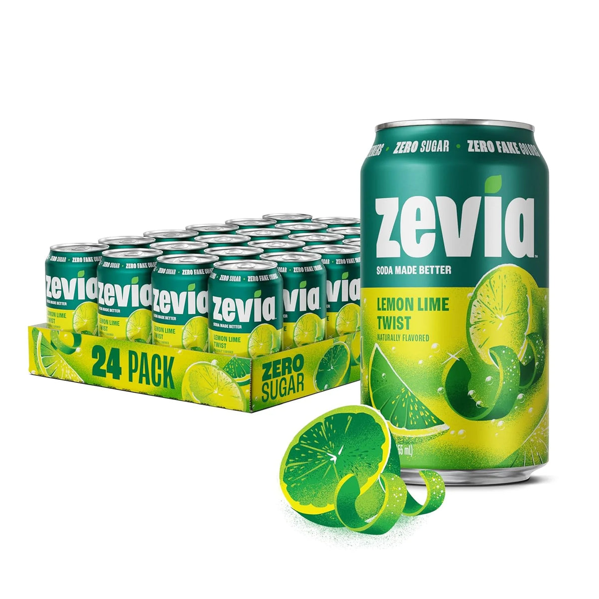 Zevia Zero Sugar Soda, Lemon Lime Twist, 12 oz Cans (24-Pack) – Naturally Sweetened, Non-GMO Project Verified, Gluten-Free, Vegan