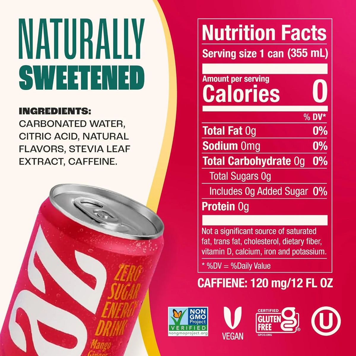 Zevia Zero Sugar Energy Drink, Mango Ginger, 12 oz Cans (12-Pack) – Naturally Sweetened, Zero Calorie Sugar Free Energy - Non-GMO Project Verified, Gluten-Free, Vegan