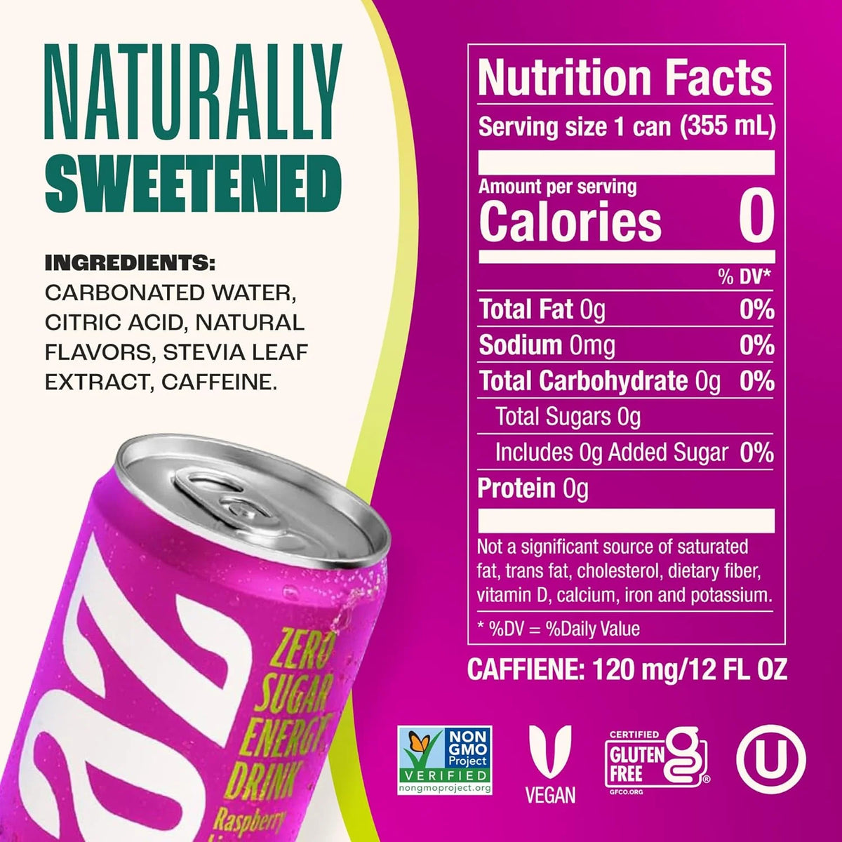 Zevia Zero Sugar Energy Drink,Raspberry Lime,12 oz Cans – Naturally Sweetened,Zero Calorie Sugar Free Energy - Non-GMO Project Verified,Gluten-Free,Vegan,(Pack of 24)