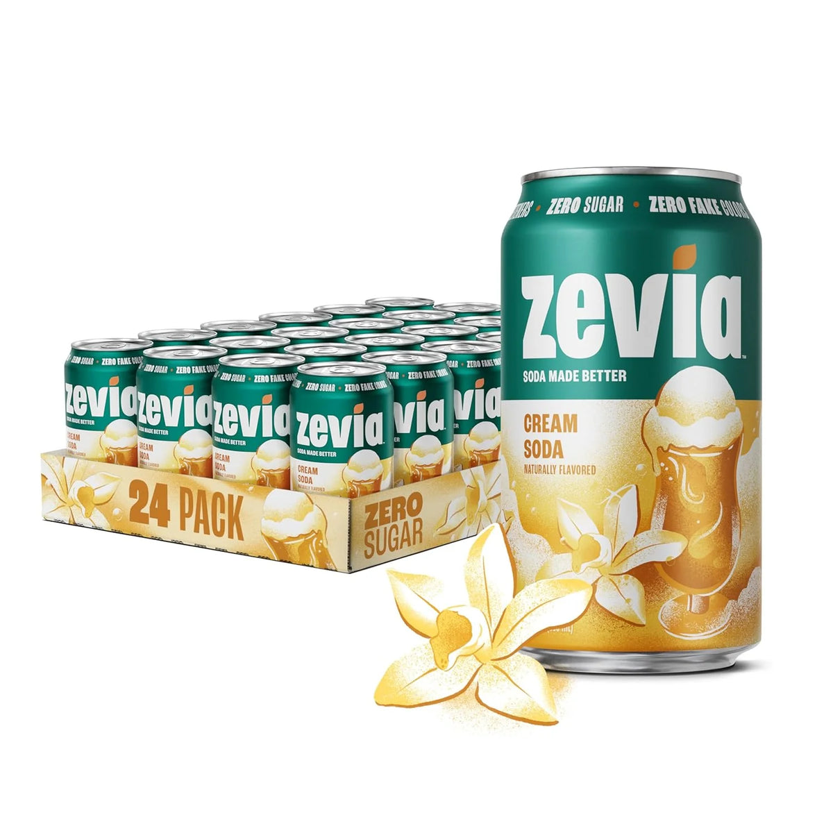 Zevia Zero Sugar Soda, Cream Soda, 12 oz Cans (24-Pack) – Naturally Sweetened, Non-GMO Project Verified, Gluten-Free, Vegan
