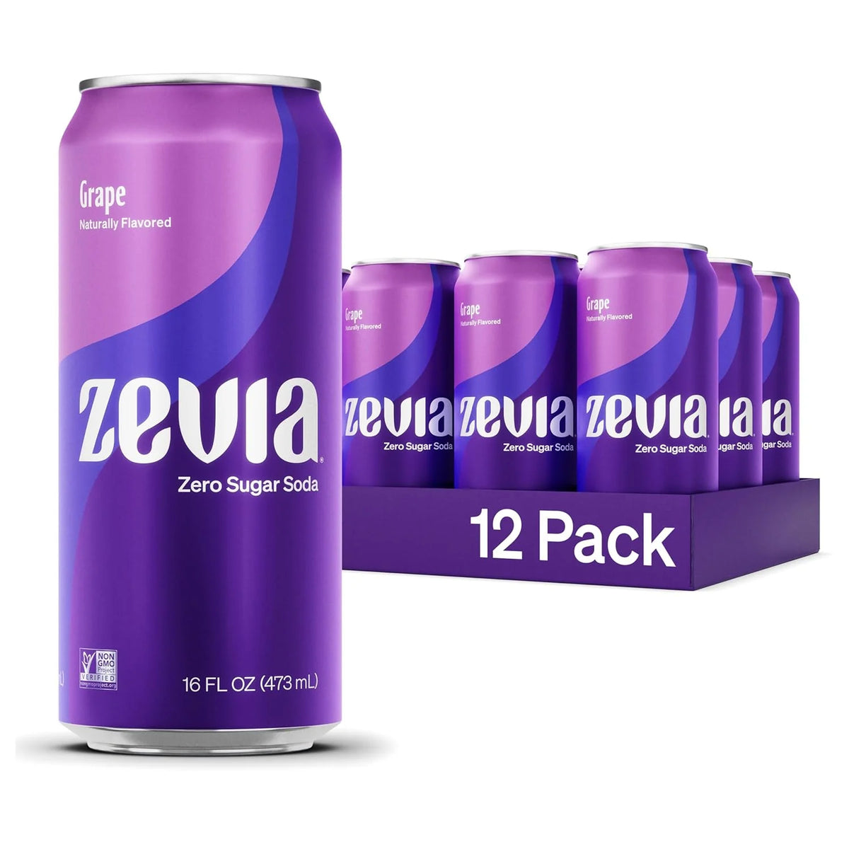 Zevia Zero Sugar Soda, Grape, 16 oz Cans (12-Pack) – Naturally Sweetened, Non-GMO Project Verified, Gluten-Free, Vegan