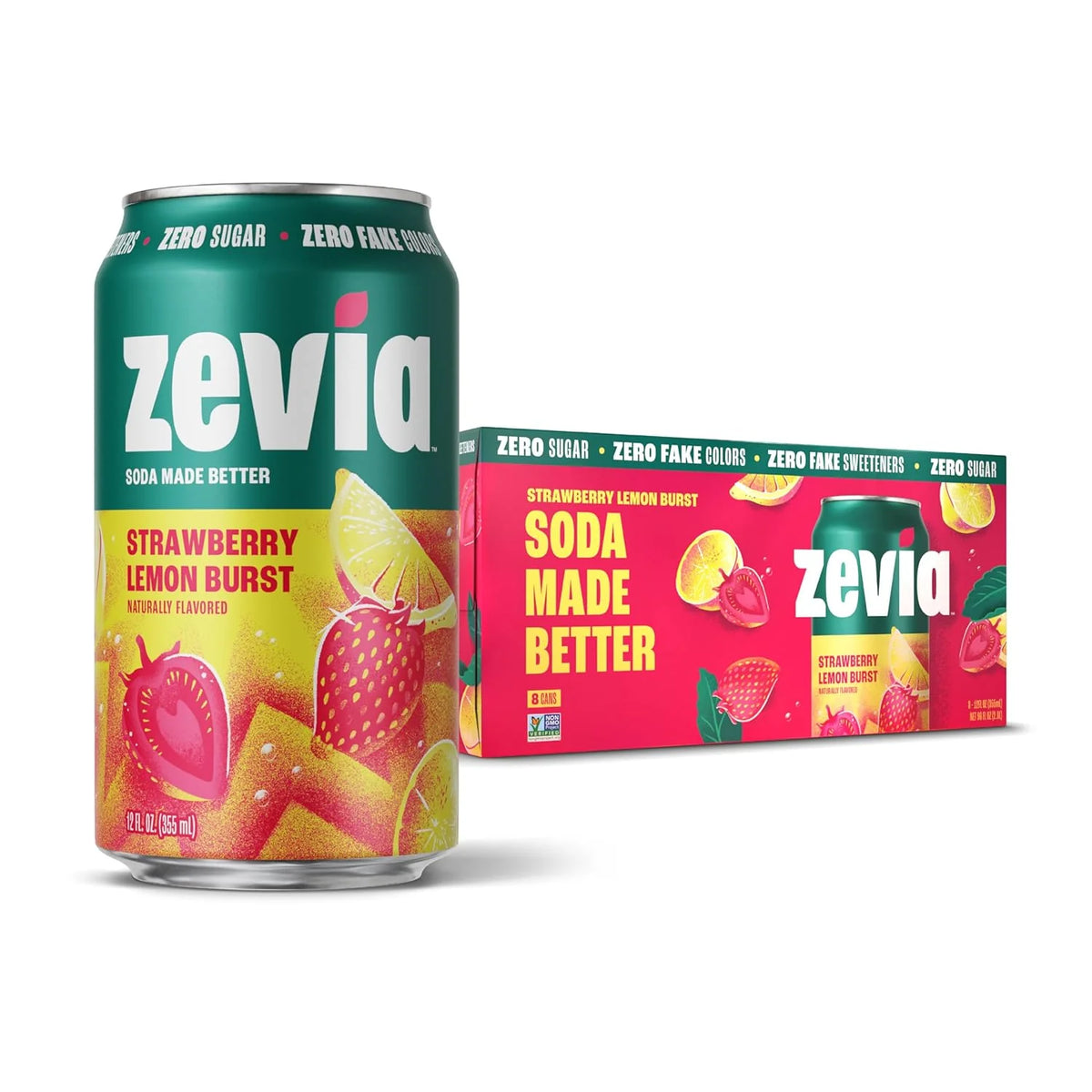 Zevia Zero Sugar Soda, Strawberry Lemon Burst, 12 oz Cans (8-Pack) – Naturally Sweetened, Zero Calorie Sugar Free Soda - Non-GMO Project Verified, Gluten-Free, Vegan