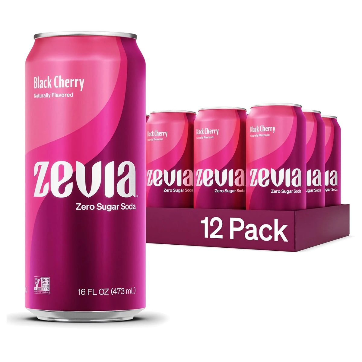 Zevia Zero Sugar Soda, Black Cherry, 16 oz Cans (12-Pack) – Naturally Sweetened, Non-GMO Project Verified, Gluten-Free, Vegan