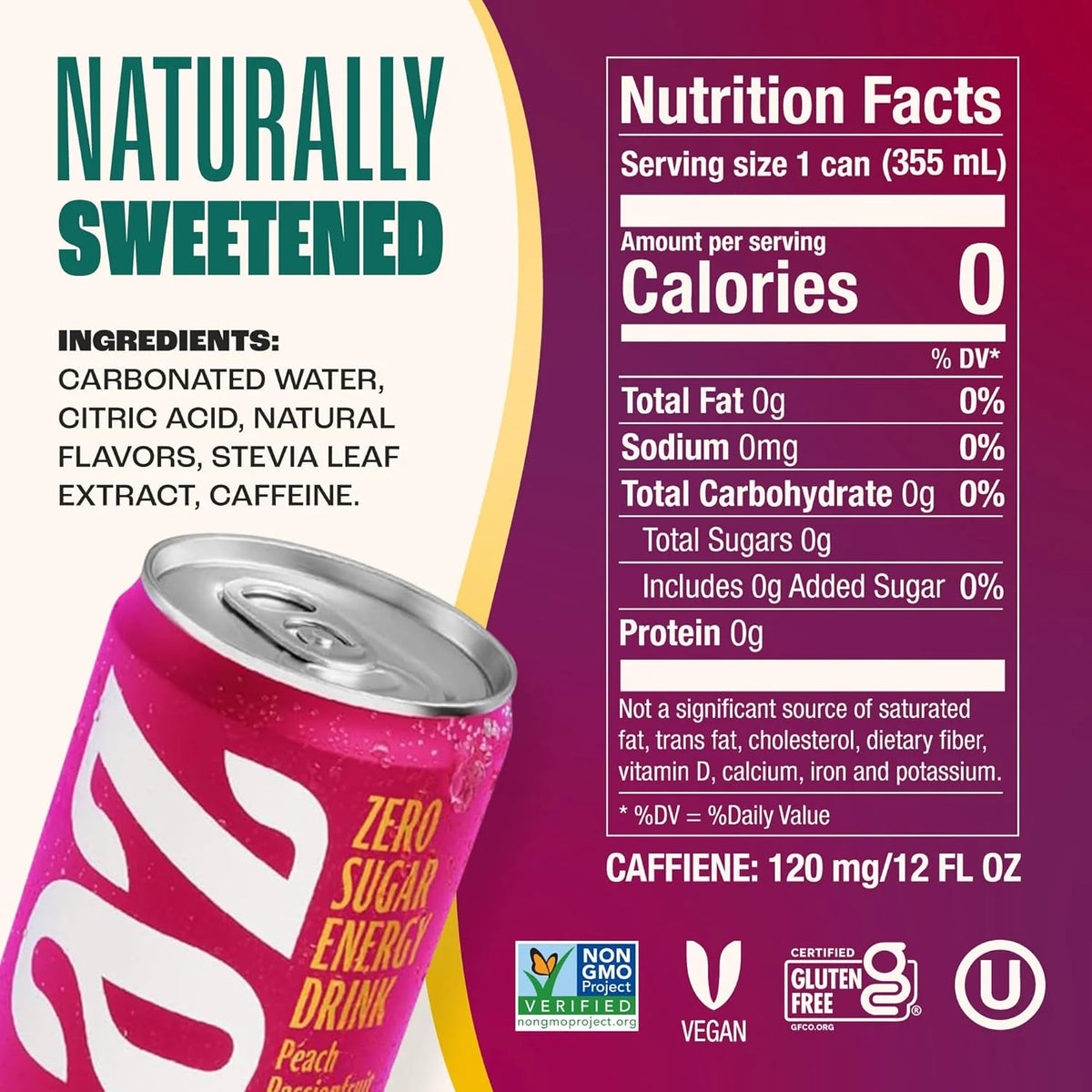 Zevia Zero Sugar Energy Drink, Peach Passionfruit, 12 oz Cans (12-Pack) – Naturally Sweetened, Non-GMO Project Verified, Gluten-Free, Vegan