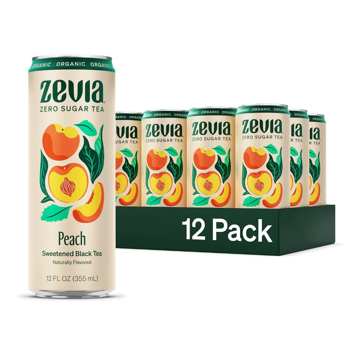 Zevia Zero Sugar Tea, Black Tea with Peach, 12 oz Cans (12-Pack) – Naturally Sweetened, Zero Calorie Sugar Free - Non-GMO Project Verified, Gluten-Free, Vegan