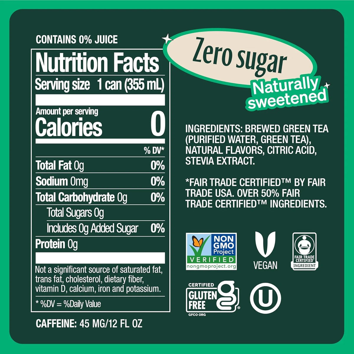 Zevia Zero Sugar Tea, Green Tea, 12 oz Cans (12-Pack) – Naturally Sweetened, Zero Calorie Sugar Free - Non-GMO Project Verified, Gluten-Free, Vegan