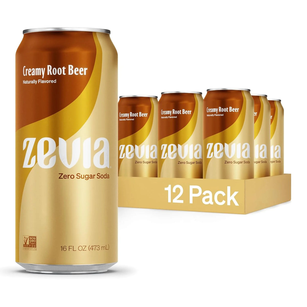 Zevia Zero Sugar Soda, Creamy Root Beer, 16 oz Cans (12-Pack) – Naturally Sweetened, Non-GMO Project Verified, Gluten-Free, Vegan