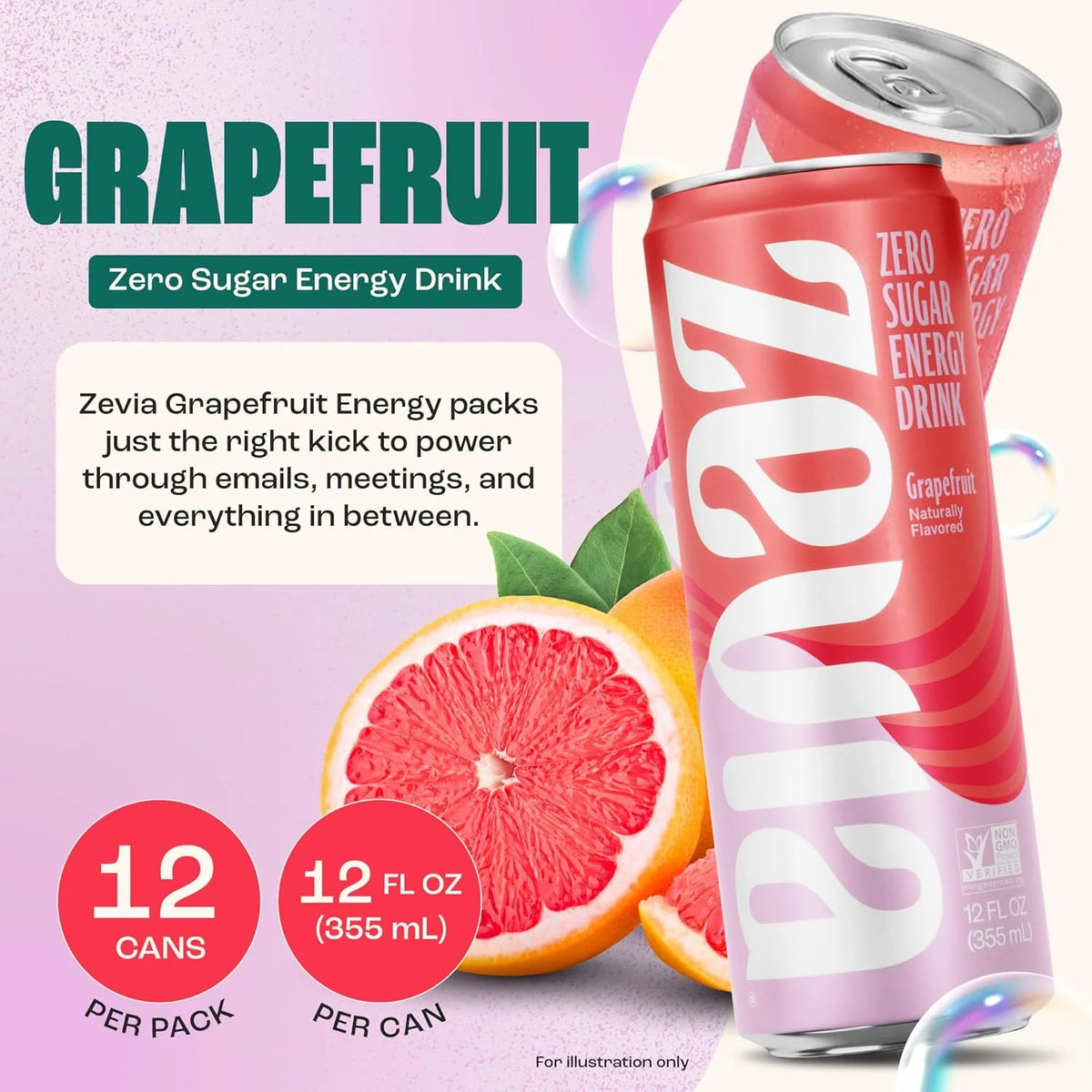 Zevia Zero Sugar Energy Drink,Grapefruit,12 oz Cans – Naturally Sweetened,Non-GMO Project Verified,Gluten-Free,Vegan,(Pack of 24)