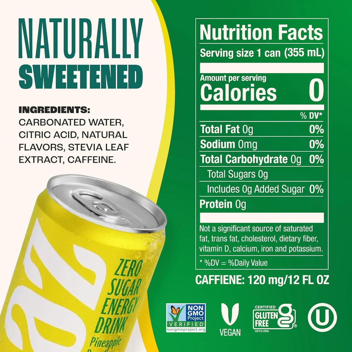 Zevia Zero Sugar Energy Drink,Pineapple Paradise,12 oz Cans – Naturally Sweetened,Non-GMO Project Verified,Gluten-Free,Vegan,(Pack of 24)