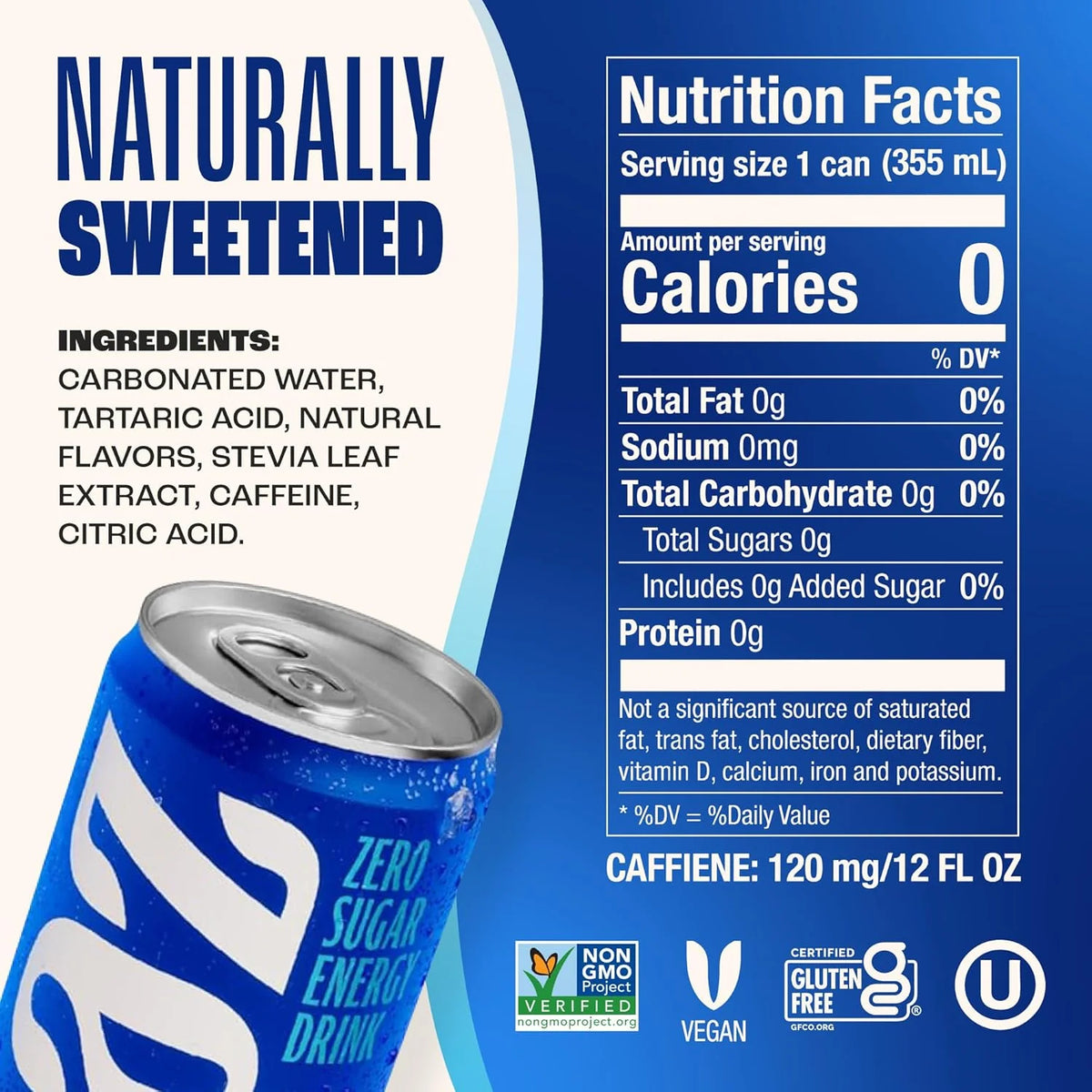 Zevia Zero Sugar Energy Drink,Kola,12 oz Cans – Naturally Sweetened,Non-GMO Project Verified,Gluten-Free,Vegan,(Pack of 24)
